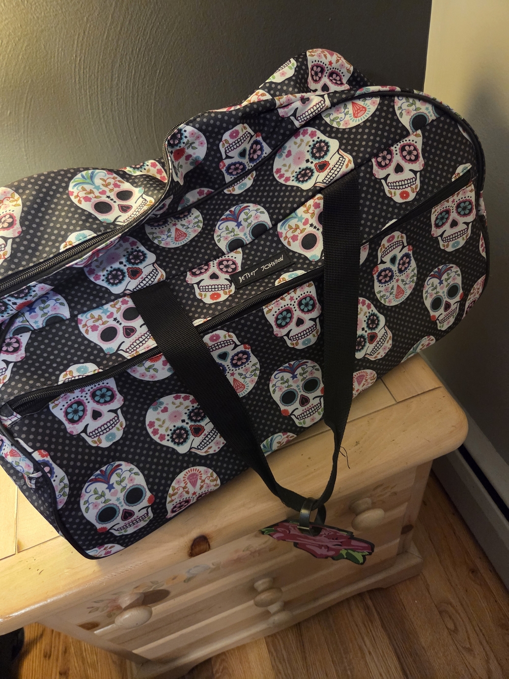 Betsey Johnson Black Sugar Skull Travel Duffle with Multicolor Accents